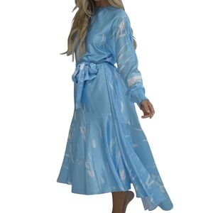 ALEEZA PARIS Women L Onyx Printed Dress Sky Cloud Blue Tie Waist Long Sleeve Max
